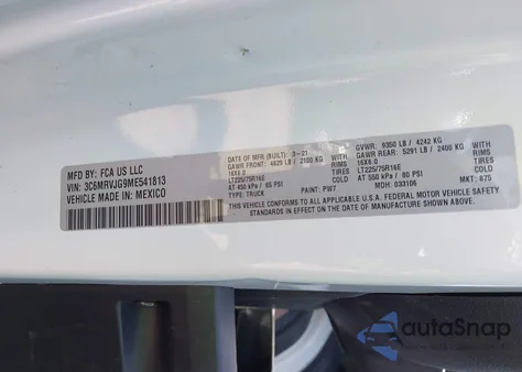 2021 Ram Promaster 3500 Cargo Van High Roof 159 Wb Ext from USA, damaged, VIN 3C6MRVJG9ME541813